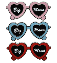 Load image into Gallery viewer, Heart-shaped novelty glasses. The glasses come in pink, light blue, and red, with black heart-shaped lenses featuring the words 'Big Mama' in white script.
